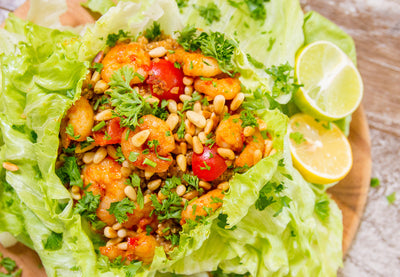 Lettuce Wraps With Mediterranean Risotto and Prawns