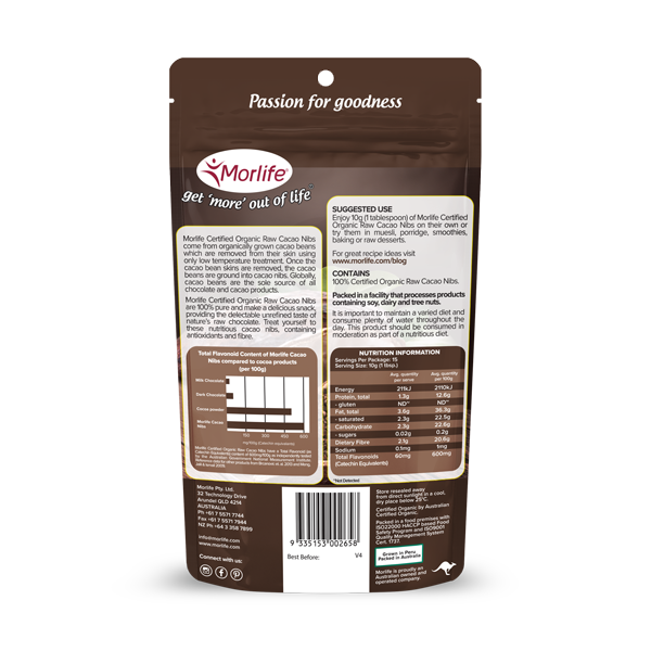 Morlife Certified Organic Raw Cacao Nibs pouch