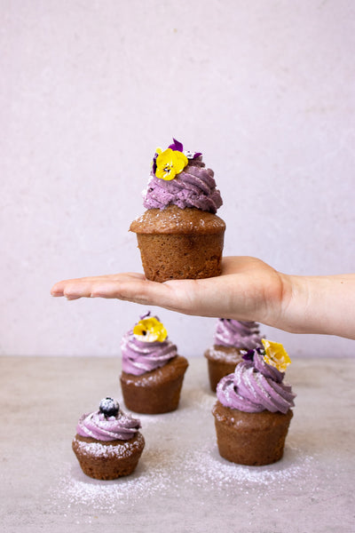 Gluten Free Vanilla Cupcakes with Blueberry De-Stress Icing