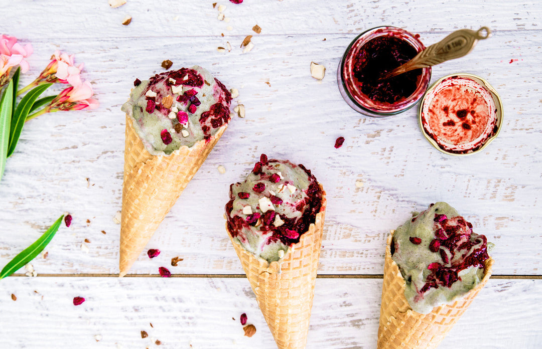 Acai Raspberry Alkalising Nice-cream with Home-made Raspberry Chia Jam