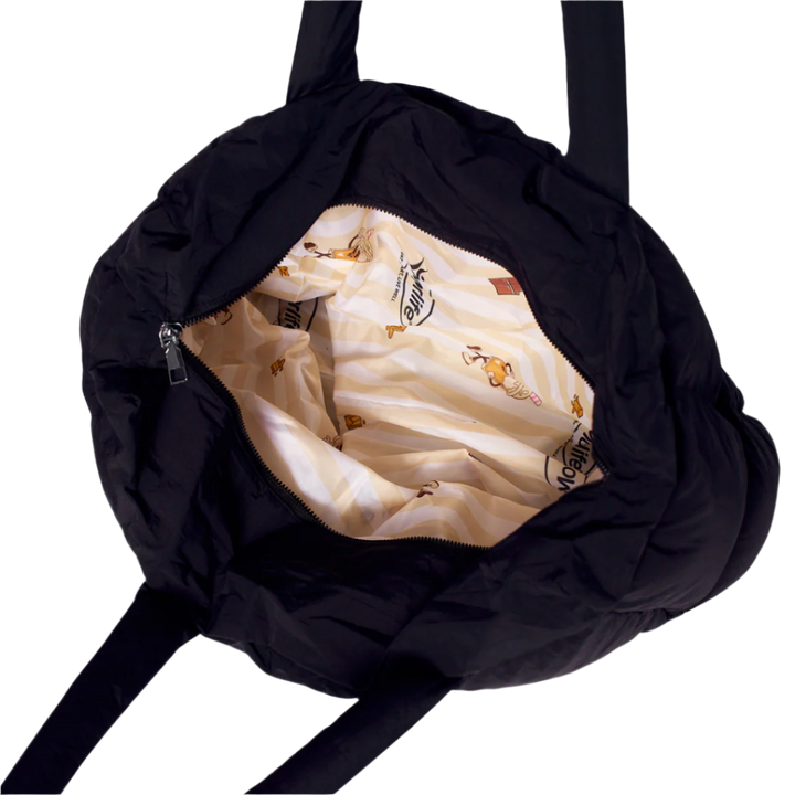 Black bag with beige interior showing brand logo on a white background